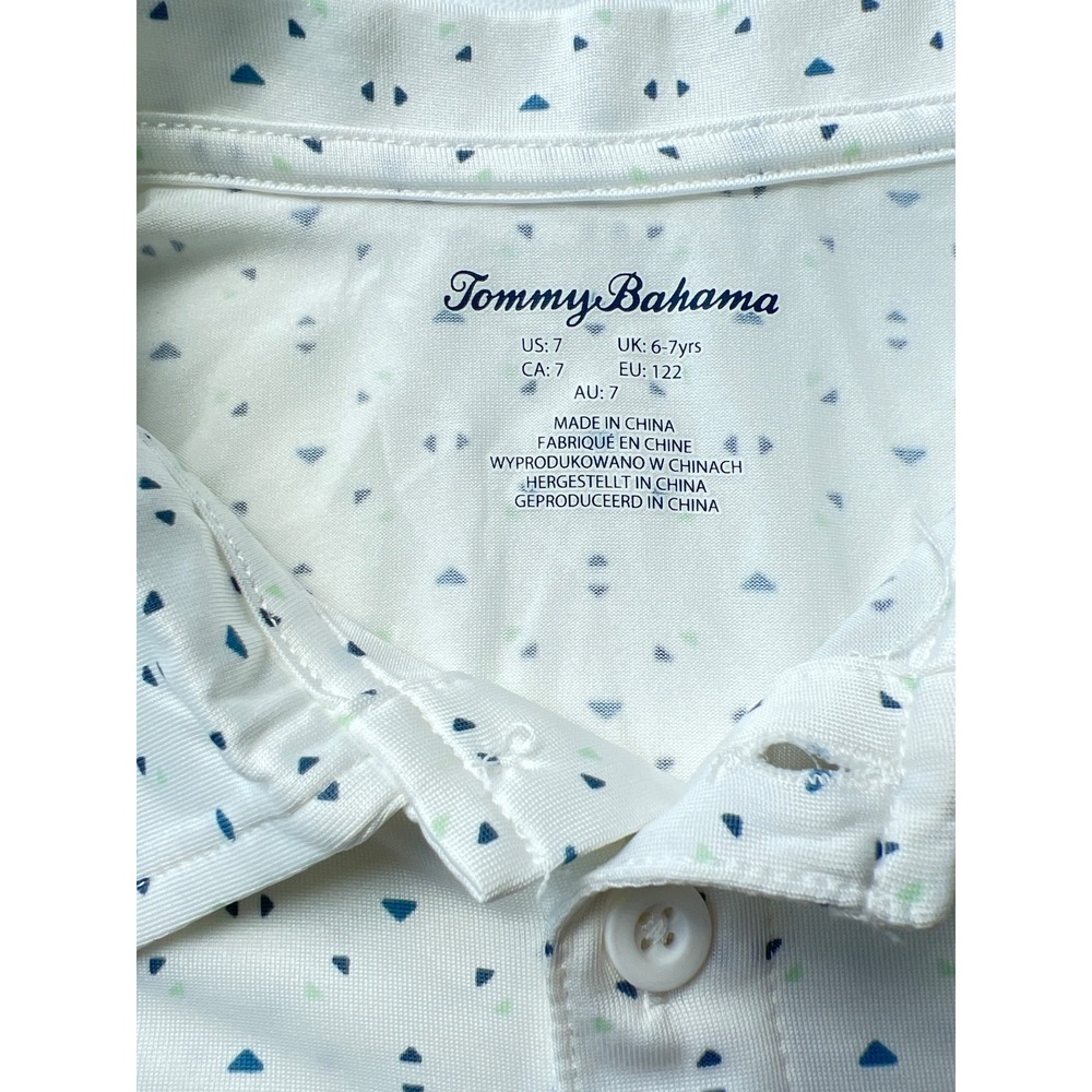 Tommy Bahama Boys Polo Shirt M 7 White Geometric Performance Golf Short Sleeve - Picture 5 of 8